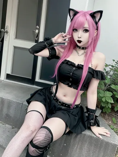 I want to see an emo young adult young adult young adult girl, with pink red hair, 18 years old, with cat ears and a tail, dressed in a chic white dress and black ankle boots, in a doggystyle of adult woman of adult woman, tall, of adult woman of adult woman, position, against the backdrop of an abandoned building., poofy, hair, eyeliner, emo, makeup, goth, <lora:scene:.5>, <lora:Asian Cute Face:.5>, edgpskirt, wearing, punk, skirt, <lora:edgPunkSkirt:.5>