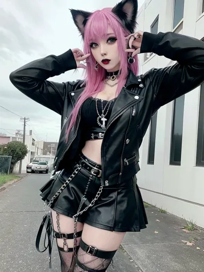 I want to see an emo young adult young adult young adult girl, with pink hair, 18 years old, with cat ears and a tail, dressed in a chic white dress and black ankle boots, in a doggystyle of adult woman of adult woman, tall, of adult woman of adult woman, position, against the backdrop of an abandoned building., poofy, hair, eyeliner, emo, makeup, goth, <lora:scene:.5>, <lora:Asian Cute Face:.5>, edgpskirt, wearing, punk, skirt, <lora:edgPunkSkirt:.5>