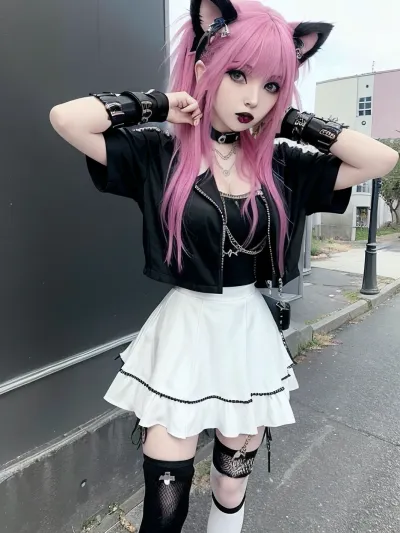 I want to see an emo young adult young adult young adult girl, with pink hair, 18 years old, with cat ears and a tail, dressed in a chic white dress and black ankle boots, in a doggystyle of adult woman of adult woman, tall, of adult woman of adult woman, position, against the backdrop of an abandoned building., poofy, hair, eyeliner, emo, makeup, goth, <lora:scene:.5>, <lora:Asian Cute Face:.5>, edgpskirt, wearing, punk, skirt, <lora:edgPunkSkirt:.5>