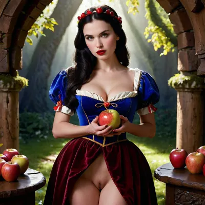 Snowwhite,一个迷恋女人,手持苹果, 迷恋观众,她的诱人姿势和全身的视觉