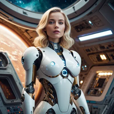 La femme dans l'image avait un joli robot blond avec de gros seins et une vue complète sur le corps. Elle portait une combinaison courte et serrée qui montrait ses courbes. Le robot travaillait sur quelque chose en arrière-plan, mais ça n'avait pas d'importance