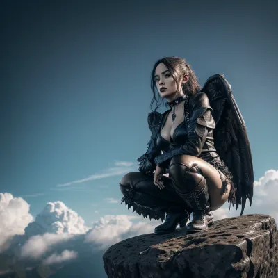 一个穿着黑色皮革掐喉和裙子的哥特吸血鬼, 站在一个淡淡的场景前, 她的发型在一条细长的马尾上, 照片的背景增加了照片的气氛