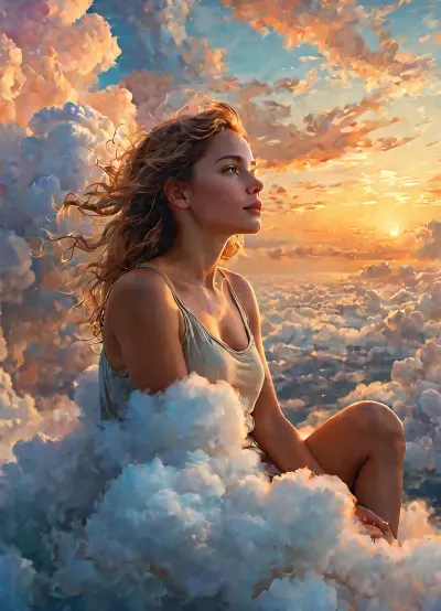 En una iluminación atmosférica soñada, la joven se sentó en una nube, sin peso y serena. Estaba perdida en sus pensamientos mientras miraba la paleta de color pastel que llenaba el cielo sobre ella. Las nubes eran duras pinceladas