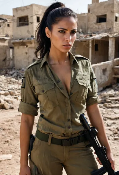 Savaş yorgunluklarında kadın İsrail askerleri saldırı tüfeğini herhangi bir tehlike belirtisi için kentsel manzarayı taradığı için sıkı bir şekilde tuttu. Onun karanlık zeytinyağı derisi kazayla parladı ve karanlık saçları yüksek bir ponytail'e geri çekildi. She She She She She