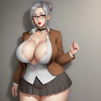 1 woman, solo, anime girl, anime character, milf, high school student, sexy school uniform, busty, big boobs, giant breasts, massive breasts, saggy breasts, short grey hair, standing strait, camera in front, skimpy cloths, earrings, lipstick, red lips, brown eyes, Meiko Shiraki, Prison School, <lora:mifune:.5>, meikodef, glasses, choker, cleavage, skirt, no bra, thighhighs, huge breasts, mature female, meikornd, grey hair, yellow shirt, <lora:meikoshiraki-ps-richy-v1:.5>