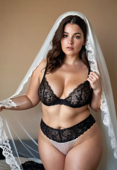 Ein 40-jähriges kurviges Plump-Mädchen mit einem transluzenten weißen Schleier und Vollkörperporträt, das eine schwarze Spitze und schwarze Spitze Höschen trägt. Sie hat sehr enthüllte Haare, schwarze Spitze Ernte oben, und voll