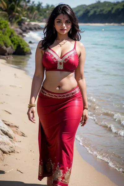 No-one42 a woman, she is wearing red dress, looks like Malayalam actress shalu kurian, body shape like shalu kurian, thick and healthy, not overthick, jewelry, standing near a river, modelshoot style, extremely detailed CG unity 8k wallpaper, 8k uhd, dslr, soft lighting, high quality, film grain, Fujifilm XT, ((realistic)), ears, lips, curves, skin, body parts, (eyes symmetry, face symmetry, round deep navel), both, (wearing:1.6), embroidered pink sleevless choli, embroidered pink full length skirt, walking in the beach, look at viewer, UHD, K, masterpiece