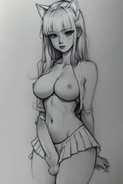 futanari, big penis, big glans, <lora:FutanariErect-v1:.6>, <lora:Drawing:.8>, style by NTY, black and white, drawing, sketch, 18 years young futanari, pretty face, slender body, natural breast, blond knee-length hair, random cutted bangs, ((School pleated micro-mini-Skirt), , :1.1), solid white background, hands behaind head, cat ears