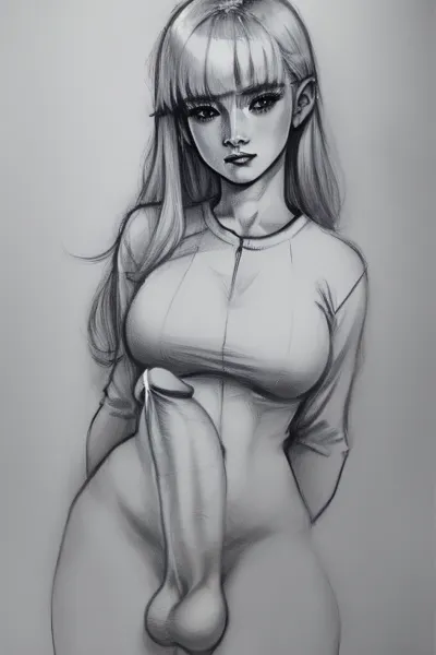 futanari, big penis, big glans, <lora:FutanariErect-v1:.8>, <lora:Drawing:.8>, style by NTY black and white, drawing, sketch, 18 years young futanari, pretty face, slender body, natural breast, blond knee-length hair, random cutted bangs, ((School pleated micro-mini-Shirt), , :1), solid white background, masturbation, <lora:malemast-10:.8>