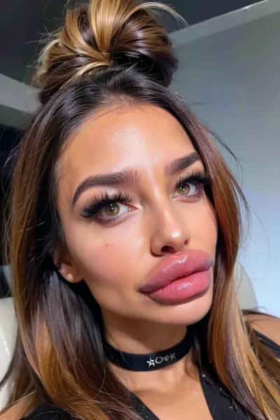 Una foto de una mujer con piel de ultra-alta calidad, labios ultra brillantes, nariz perfectamente esculpida, pómulos altos y labios voluptuosos se muestra en una descripción de texto generada por AI que destaca las últimas tendencias en tecnología de la belleza y