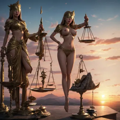 A pintura de Salvadore Dali "Lady Justice with Blindfold" retrata uma cena surreal de uma jovem segurando uma espada e em pé na frente de um cenário de colapso do império. As escalas da justiça estão derretendo, e o fundo é incómodo, com o