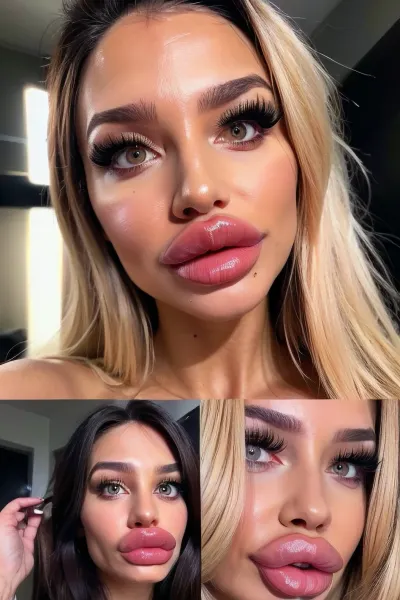 (18 years old bimbo:1.5), (best photo), ultra tanned skin, reflecting skin, moist lips, (fresh dermal fillers), ((ultra hyaluron)), (ultra Lip fillers), (huge fake lips), bolt on lips, (Russian Lip fillers), (ultra plump lips), overfilled lips, (Rhinoplasty, micro nose), ((Rhinoplasty)), Botox, botoxfacelift, antiageing, ultra cosmetic surgery, bright eyes, ultra glass skin, perfect glass skin, flawless skin, (Glistering skin), (glistering lips), (at a party), (pouting lips), (flaunting lips), looking up at viewer, eye contact, long fake eyelashes, slutty make up, lip gloss, pink, doing bimbo things, onlyfans, ((high detailed skin)), (ultra high quality), 8K, HDR light, volumetric lighting, realistic reflections, detailed skin texture, (highly detailed hair), hair extensions, shiny hair, dyed hair, highly detailed face, insanely detailed, highest quality, (hyperrealistic:1.3), (ultra-realistic:1.4), background details, gradient background, <lora:BimbolipsV3-000004:.7>, <lora:lips:.7>