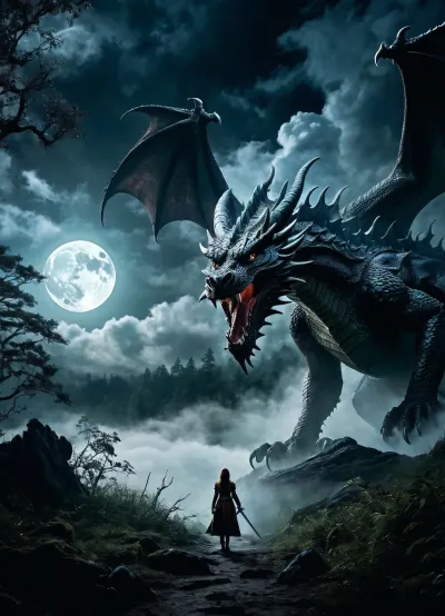 La mujer con la espada está en medio de un bosque oscuro, mirando al Dragón a la distancia. La niebla y las nubes oscurecen su visión, pero puede oír sus pasos acercándose. Ella sostiene su espada firmemente, lista para defenderse si es necesario