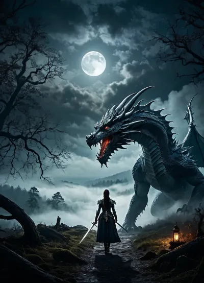 La mujer con la espada caminaba por la madera oscura, sus ojos fijos en el horizonte distante. Podía ver un dragón masivo a la distancia, sus escamas brillando en la luz de la luna. El dragón era enorme, y parecía estar mirando