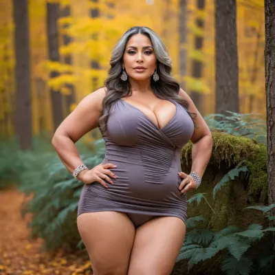 Eine 50-jährige Latina-Frau schlug vor dem Spiegel ein Bild vor und bewunderte ihre eigenen großen floppigen Brüste und Diva Make-up. Sie trug ein langes graues Haarkleid mit Diamantohrringen, zuversichtlich und glücklich in ihrer eigenen