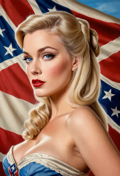 Nel 1860, una giovane donna bionda con gli occhi azzurri stava dipingendo una grande bandiera confederata sul muro della sua camera da letto. Aveva un bellissimo modello pinup stile Belle sud spazzolato con capelli biondi e occhi blu sullo sfondo. I media erano