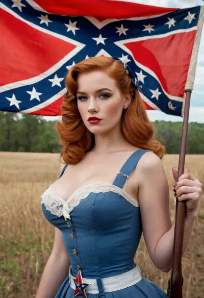 In the 1950s style, a pinup model with a large civil war southern confederate flag in the background is seen holding a redhead with a large civil war southern confederate flag. The picture captures the essence of the era,