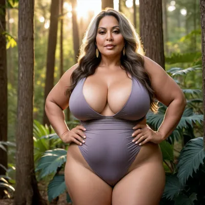 Eine 50-jährige Latina Frau, mit ihrem großen dicken großen BBW Körper und goldenen Badeanzug, verführerisch im Wald für einen Fotoshooting. Sie trug große floppige Sommermützen und lange graue Haare, die auf