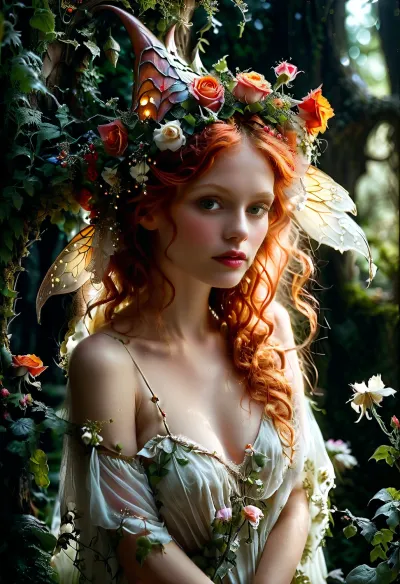 RAW photography, (Ultra Realistic:1), 32k, (Masterpiece:1), (High Quality:1), (Detailed Realistic Background:1.3), (Official Art, Beautiful and Aesthetic:1.2), (Realistic Lighting:1), by Elliott Erwitt, Dark forest, (Fairy architecture, fairy house:1.2), mystical glow, (Detailed Realistic motherly woman with rose red hair, loving expression, sheer white cloth, flower crown:.8), <lora:MJ52:.8>, <lora:SDXLFaeTastic2400:.5>, <lora:xl_more_art-full_v1:1>