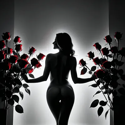 Una splendida immagine generata dall'IA di una bella ragazza con rose rosse in mano, indossando un sorriso sexy, è stata generata utilizzando l'ultima tecnologia AI e la pittura opaca dettagliata