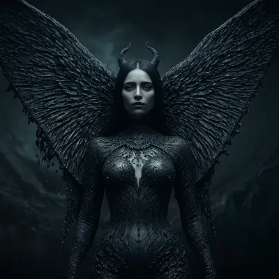 Abyss が現実的である世界では、Iris van Herpen という名前の AI は、Abyssal の黒い皮をむいたセクシーなエロメロダメージ天使と魅惑的な目、文脈波のフェロフコイド細菌の芸術の絵を描きます