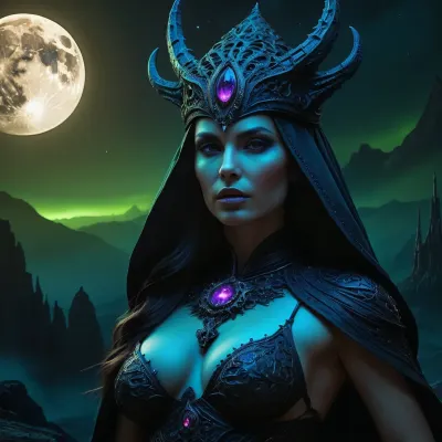 Moonlit doom, NUDE evil gorgeous queen goddess! Insanely detailed photograph of An elaborate and insanely powerful sorcerers beautiful shadow mage “maximalist! psychedelic black light poster bioluminescent deadly gothic nightmare explosion supermoon!, intricate gorgeous face and hyperdetailed painting by alessio albi by Peter gric and giger. Artstation, artgerm, masterpiece. 8K resolution HDR, cinema 4D, lovecraftian landscape, scary haunted frightening