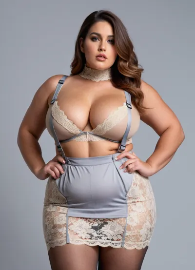 Die kurvige BBW Frau mit riesigen Brüsten stand seitlich, Kopf wandte sich dem Betrachter zu, trug eine Spitze Strumpfhose und Hosenträger. Sie hatte riesige knallharte Brüste, die bis zu ihrem Mittler aufgehängt waren. Ihr Minirock war eng und zeigte sich ab