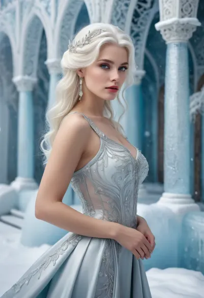 (photorealistic:1.5), raw photo photorealistic image of a snow queen in her mid 40's, regal elegant face, porcelain complexion, white hair, (silver eyes, long bangs, long intricately style hair), in a alluring dress made of ice, posing seductively through a bright, snowy ice palace, fantastic architecture, detailed reflections on the wet ground, intense colors, cinematic lighting, 8k resolution, highly detailed, realistic textures, dynamic composition, sharp focus, vivid and intricate background
