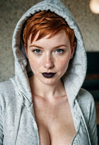 couch, (waist up portrait), 1girl, (petite, cute, hair, (short, ginger, pixie cut), freckles, pierced ears, black lipstick, breasts, (small, natural, freckled), wink, smile, tongue out, hoodie, (hooded, full zipper, very deep cleavage, covered nipples))