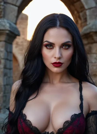 Une femme vampire aux longs cheveux noirs, à la peau crémeuse parfaite et aux yeux aiguisés se tenait devant une ruine du château la nuit. Sa photo était très détaillée avec des tons de peau réalistes et des couleurs vives qui ont fait croire qu'elle pouvait venir à la vie à n'importe quel