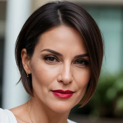 Beautiful mature woman, Spanish model, 55 years old, busty milf, bimbo milf, beautiful, realistic, very well-groomed skin and hair, black short straight hair, pixie cut style, brown eyes, narrow nose, subtle make-up, red lips, full lips, stunning face, bitchy face, tanned skin, only photo of head, supermodel, face, big, lips