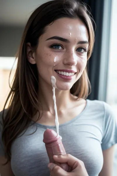 Irish girl 18 years old giving a handjob, slutty, ((sperm on her face)), (((cum on face))), pov, cum on body, (blue eyes), (sperm on t-shirt), ((realistic penis)), ((selfie photo)), ((wearing tight t-shirt)), (((handjob))), detailed eyes, (freckles on breast), wavy hairstyle, (room with window, sunny day), mouth open, wet hair, sweaty skin, skin pores, ((detailed face)), HD, full lips, extreme mouth detail, ultra realistic freckles, detailed skin, realistic skin, High Res, 4k, ultra-detailed, masterpiece, ultra high res, 8k uhd, dslr, high quality, detailed skin texture masterpiece, Ultra realistic, natural skin tone, high definition, ((sexy smile)), ((big penis)), sidefellatio, fellatio, 1boy, male, masturbation, hands, easynegative, projectile, <lora:pailide3-000005:.5>, <lora:pov_male_masturbation_v0.1:1>, <lora:projectile_cum_v0.2:1>
