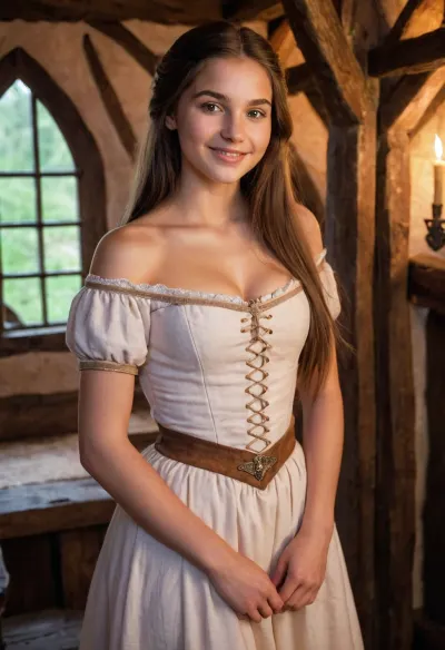 La cabina medievale è stata illuminata di poco, con un'illuminazione morbida che getta una luce calda sul viso della ragazza. Aveva i capelli lunghi e retti che la cascarono sulla schiena, e il suo blush la fece sembrare ancora più bella. Il suo ampio sorriso e fianchi stretti