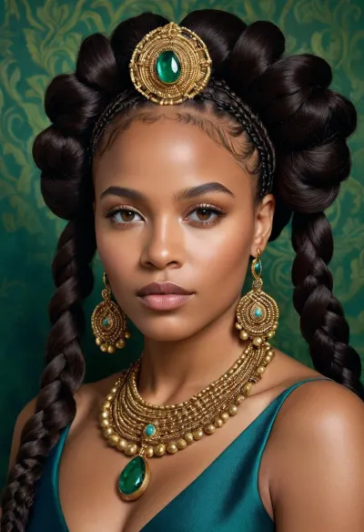 A realism oil painting of a regal black woman adorned with intricately woven Bantu knots and sleek, straight braids, reimagined in the opulent style of a 17th century French Queen, set against a rich, velvety background of deep, jewel-toned blues and emerald greens, with delicate golden accents and subtle, luminous highlights on her dark, radiant skin, evoking a sense of luxury, power, and refined sophistication, while her piercing brown eyes seem to hold a deep wisdom and quiet strength.
