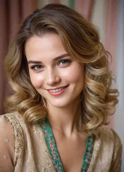 La giovane donna in stile vintage camicetta con un sorriso sul suo viso è molto attraente