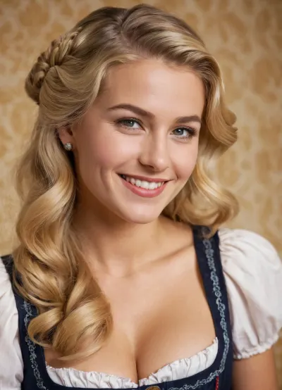 Heidi aveva un pettinato-back pettinato pettinato pettinato alta acconciatura vintage che scorre indossa un dirndl. Stava davanti allo specchio ammirando la sua riflessione quando Max bussò alla porta e venne ad aiutarla