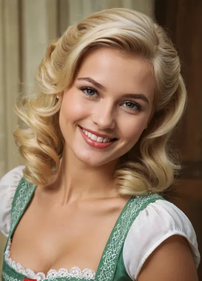 Close-up of smiling sexy 23yo Heidi with side-parted combed-back combed-high blonde 1950's big vintage flowing hairstyle wearing a dirndl