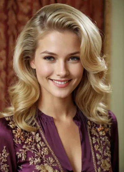 Close-up of smiling sexy 23yo Heidi with side-parted combed-back combed-up blonde big vintage flowing hairstyle wearing a nice silk blouse