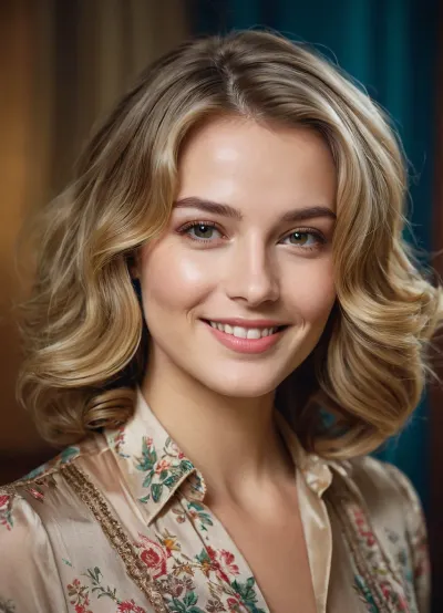 Close-up of very attractive young smiling lady with side-parted soft-wavy shoulder-length light brunette-blonde vintage hairstyle wearing a nice muli-colored silk blouse