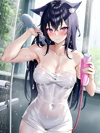 beautiful sexy muscular 18 year old wolf girl naked, deep pink eyes, deep blue hair, long hair, taking a shower, relaxed face, in, a, shower, the, rain, <lora:Showeringv1:.5>