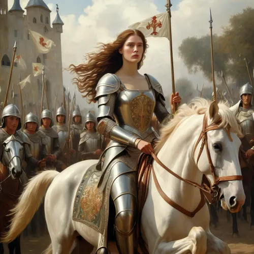 The Maid of Orléans rode into battle on her white horse, leading her soldiers into battle. She was a symbol of strength and courage, a true leader in the face of adversity. Her armor was made from the finest materials, and