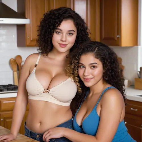 ((1 slightly chubby 21 y/o girl with black curly hair and very large natural breasts)), and, ((1 slim 19 y/o girl with long blonde hair and medium-sized natural breasts)), big brown eyes, seductive look, full lips, (revealing cleavage), leaning over a kitchen table, (tight tank top with small straps), nipples pressing against the fabric of their tank top, small smile, (looking at camera), ((perfect eyes))