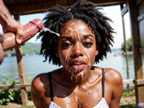 La grande femme mince avec la peau moyenne et aucune coupe de poitrine A portait un haut de réservoir qui montrait son plein corps. Elle avait des cuisses épaisses et une poitrine plate, mais sa chatte était nue. Son visage était teinté de noir avec boucle