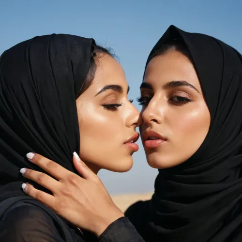 two young girls kissing each other, lovers, two girls in love, one girl is wearing a black hijab, sexy kiss, two girls fondling each other, Arab girls, 2 girls, perfect faces, immaculate faces, 2 young women, cute girls, slim body, beautiful girls