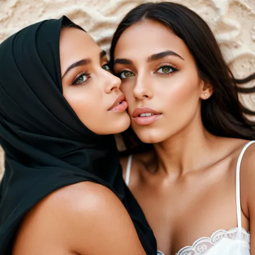 Due giovani donne, una che indossa un hijab nero e l'altra in un vestito verde, si baciano appassionatamente. I loro volti sono simmetrici e i loro occhi aprono trasmettendo amore intenso e affetto. Lo sfondo è una bella immagine di due giovani