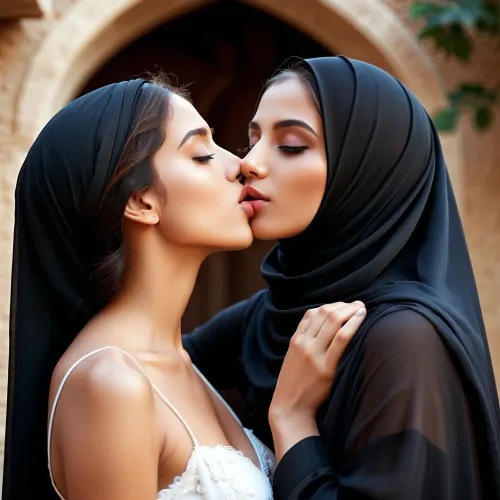 Due giovani donne si baciano appassionatamente, i loro corpi perfettamente scolpiti e ultra-dettaglio. Le loro labbra sono morbide e piene, mostrando ogni dettaglio dei corpi perfetti delle due ragazze