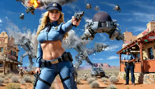 masterpiece, highest resolution, RAW photography, ultra detailed, Police Sargent Micheala Thundertighs and her ED209-1024 have been sent back in time and are in a gunfight with cowboys in a Western-movie style town crossing with a Western-Bar door in the background, Michaela is standing with her back to the viewer at an angle, her police uniform barely manages to hide her athletic body and her firm ass, she is wearing the new female officer uniform designed to constantly reveal much over her body, her legs are spread to have a firm stand, further emphasizing her bare long legs, her long blonde hair flows from beneath her police uniform cap, flowing in the wind as if it where always meant to be that way, (holding gun in her hands), 1.4, shooting at the cowboys, sharp focus face, <lora:ED209-1024:1>, (underboob:1.1), <lora:UnderboobXL:1>, <lora:EnvyBetterHiresFixXL01:1>, <lora:RMSDXL_Creative:1>, dynamite explosions in background, zdyna_pose, <lora:!action-sdxl-V0.5:.7>, <lora:faces_v3:1>, <lora:xl_more_art-full_v1:.8>, <lora:EnvyZoomSliderXL01:-1>, aiming pistol out of frame, <lora:sdxl_memegun_v2-step00001500:.5>