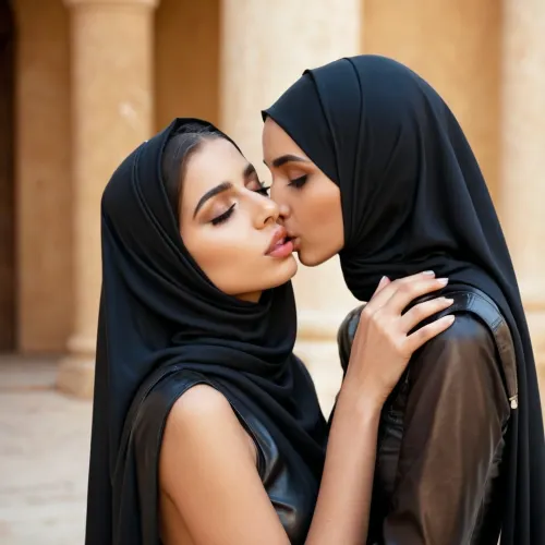 Due donne, una che indossa un lattice nero hijab e l'altra in un bacio sexy, si baciano appassionatamente. Sono persi nel loro mondo di passione, con i loro corpi pressati insieme strettamente