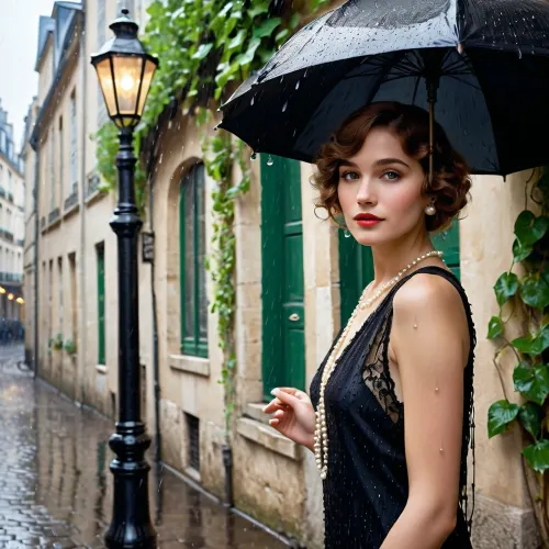 A captivating moment from the heart of 1920s Paris, where a solitary woman is elegantly captured in the soft embrace of a rainy evening. She stands beneath the glowing canopy of a vintage street lamp, its amber light casting a warm, inviting halo around her as raindrops glisten on her fur-trimmed hat and the brim of her black lace parasol. The woman is dressed in a stylish flapper dress of the era, its shimmering fabric a stark contrast to the damp cobblestone street that reflects the flickering lights from nearby shops and cafes. The scene is alive with the muted sounds of jazz wafting through the air, hinting at the vibrant life just beyond the frame. Her porcelain skin is slightly flushed from the cool kiss of the rain, and her eyes, though focused on the distance, exude a quiet determination as she clutches a string of pearls and a bouquet of flowers, likely from a secret admirer or a recent romantic escapade. The café au lait of her fur-lined coat blends with the earthy tones of the surrounding buildings, creating a harmonious palette that is punctuated by the vivid green of the ivy climbing the walls. The cobblestone alley is deserted, save for a lone bicycle leaning against a lamppost, its tire half-submerged in a puddle. The raindrops form an invisible dance around her, some clinging to the strands of her pearls, others running in rivulets down the cobblestone to meet the murky waters below. Despite the dreary weather, there's an undeniable allure to the scene, a testament to the timeless beauty of the City of Love and the resilience of the human spirit to find charm in even the most ordinary of moments.