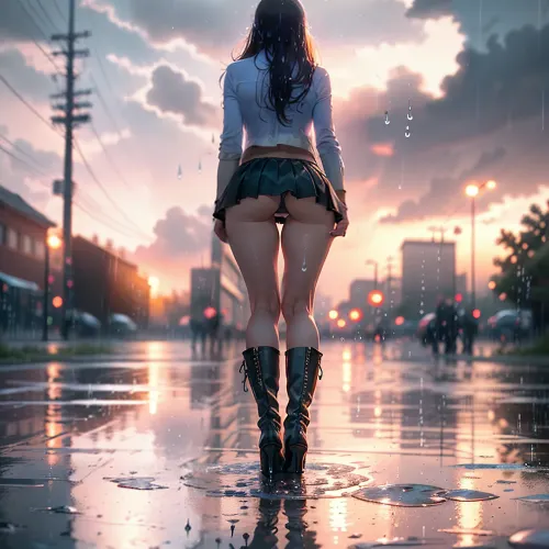 masterpiece, best quality, (((rain))), town, street, nude wet sexy Russian beautiful woman, solo, sky, reflection, cloud, ((perfect very long wet hair)), skirt, star, (sky), from behind, outdoors, shooting star, starry sky, pleated skirt, scenery, standing on liquid, reflective water, sunset, <lora:rain_style:.4>